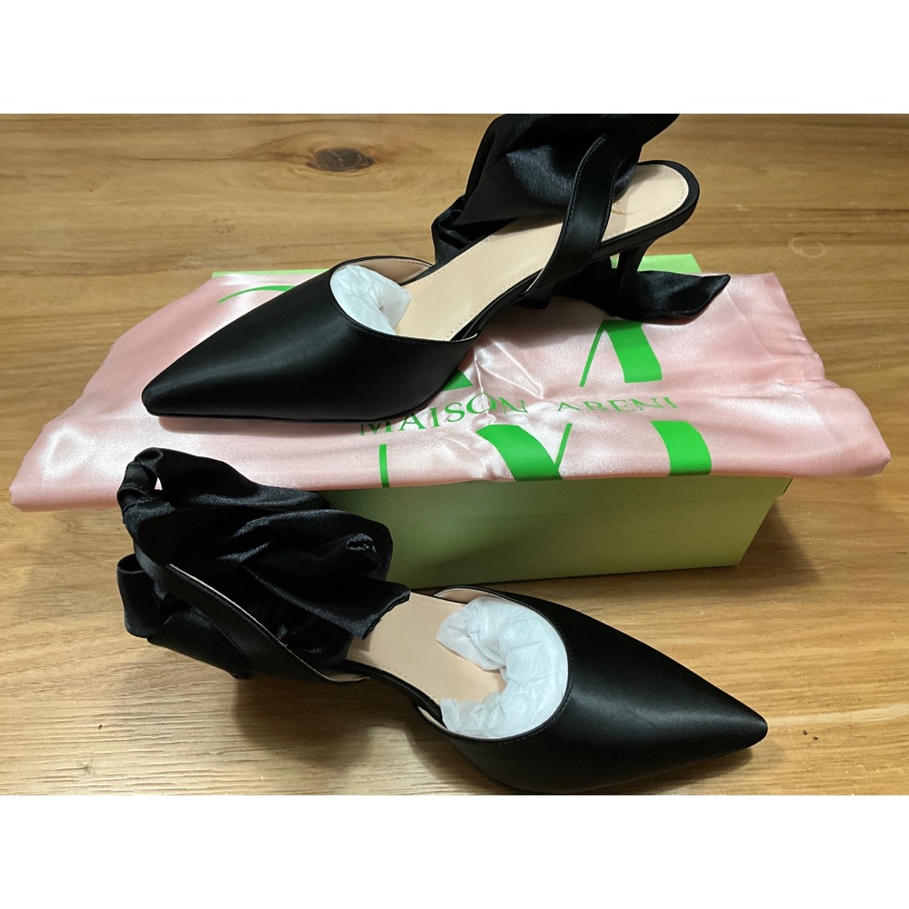 Maison Abeni Black Satin Ruffle Ankle Strap Pointed Toe Pumps Heels 8.5